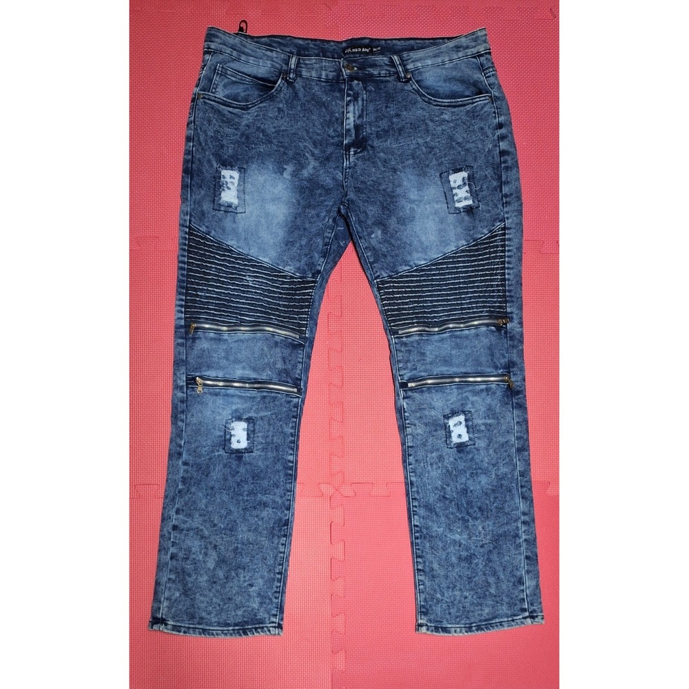 Red Ape Distressed Moto Blue Jeans Urban Grunge Pants Zipper Knees Size 38/32